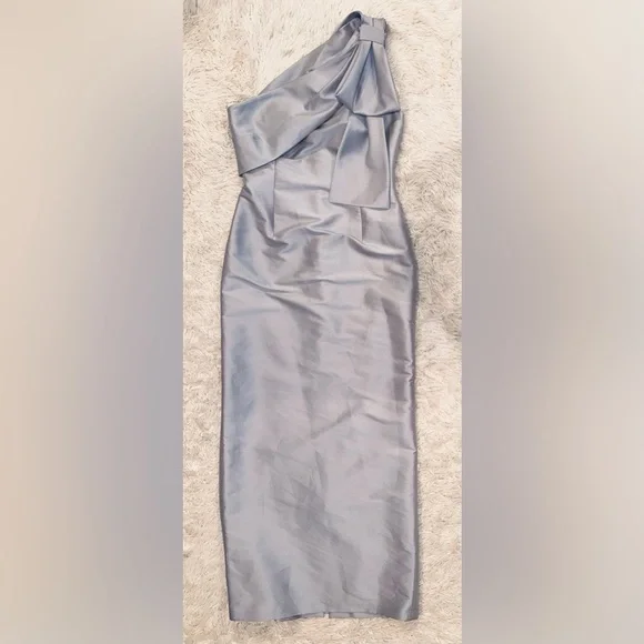 Sachin and Babi BONNIE one shoulder bow sliver gown Sz 4 - Picture 6 of 9